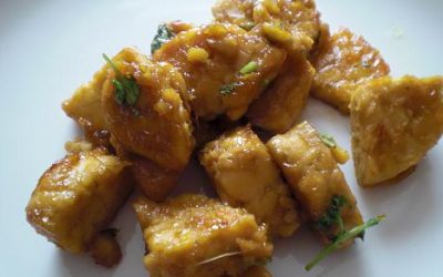Tempeh mit einer Glasur aus Orangen, Ingwer und Ahornsirup