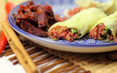 Africa still on my mind – rosa Quinoa Tabouleh mit Koriander in gedämpften Kohlblättern mit Rote Bete Chutney