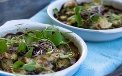 Rosenkohl-Kartoffelgratin mit Ziegenkäse und Portulak