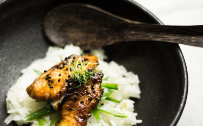 Forellen-Quintett mit Miso, Mirin und den Zuckerschoten