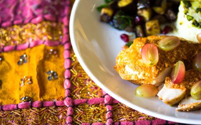 Pretasting India  –  Kardamom-Hühnchen mit Trauben, Gewürzauberginen und Pistazien-Kurkuma-Reis