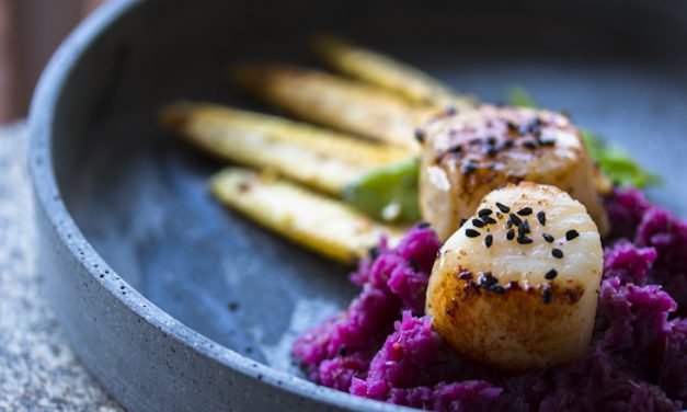 Rotkohl-Rosenpüree mit Jakobsmuscheln und Babymais