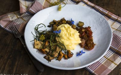 Streicheleinheiten für die Seele – Kartoffelpüree mit Pfifferlingen, Kräutersaitlingen, krossen Auberginenwürfeln und Salzkraut