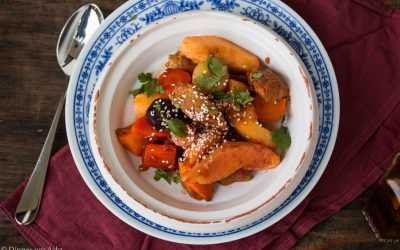 Orientalisch geschmortes Kalbfleisch mit Honig-Möhren und Quitten