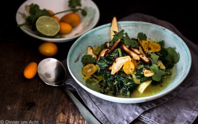 Winterwurzelcurry – Schwarzwurzeln, Spinat und Kumquats mit Petersilienwurzelchips