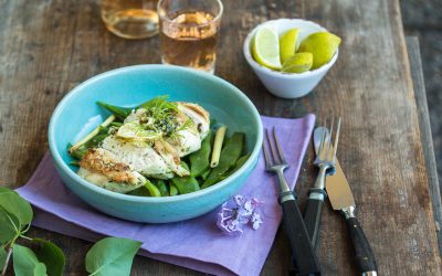 Hühnchenbrust mit Limetten-Koriander Creme und Zitronengras Bohnen