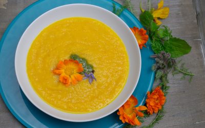 Mit Kraut und Rüben – Möhren-Orangen Suppe mit Möhrenkraut Pesto und Ringelblumen