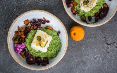 Kabeljau mit Zitronen-Bergamotte Butter, Erbsenpüree und Ofengemüse