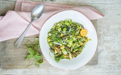 Graupenrisotto mit Frühlingskräutern, Dicken Bohnen und grünem Spargel