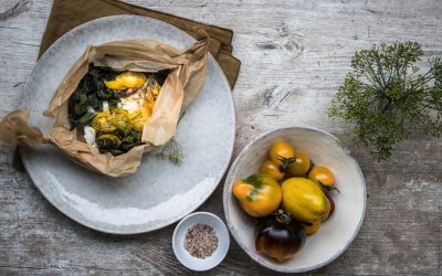 Kabeljau mit Dillblüten, Lakritz und gelben Tomaten „en Papillote“