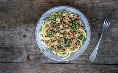 Makkaroni mit Steinpilzen, Pfifferlingen, Fichtensprossen und Parmesan
