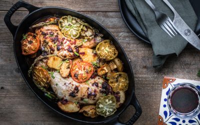 Huhn aus dem Ofen mit Kartoffeln, Tomaten und Ahorn Sirup