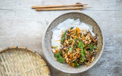 Selbstgezogene Mungbohnensprossen aus dem Tetrapack für Reisnudeln mit Sprossen und Austernpilzen (vegan)