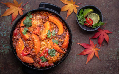 Huhn mit Kürbis, Chili, Chorizo und Reis (one Pot)